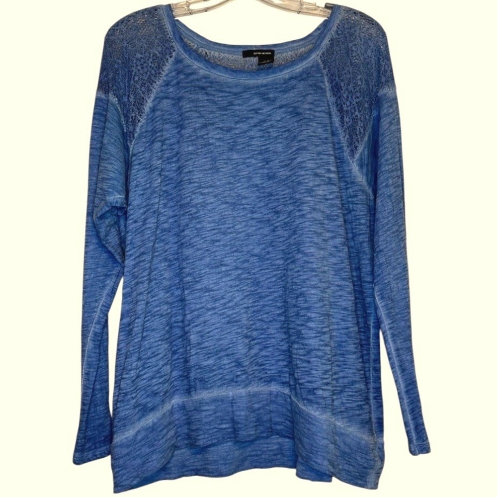 DKNY Jeans Shirt Women Blue‎ Crochet Shoulder Long Sleeve Slub Knit Coastal M